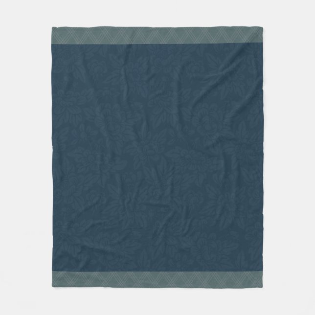 Navy Blue Jacquard Floral Teal Plaid  Fleece Blanket (Front)