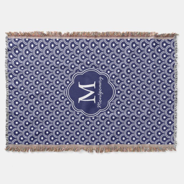 Navy Blue Japanese Waves Pattern - Personalised Throw Blanket (Front)