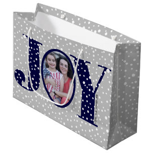 Navy blue JOY and snowflakes two photo Christmas Large Gift Bag