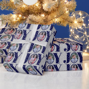 Navy blue JOY and snowflakes two photo Christmas Wrapping Paper