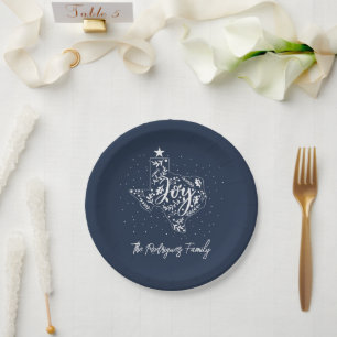 Navy Blue Joy Holiday Leaves Texas Shape Paper Plate