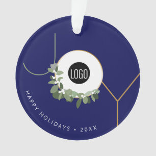 Navy Blue JOY Wreath Happy Holidays Logo Promo Ornament