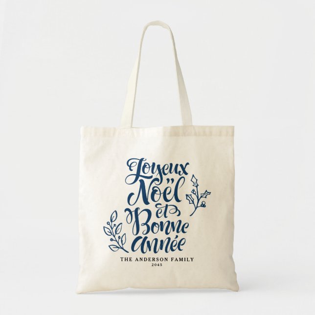 Navy Blue Joyeux Noël et Bonne Année Modern Script Tote Bag (Front)