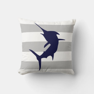 Navy Blue Jumping Marlin On Gray And White Stripes Cushion