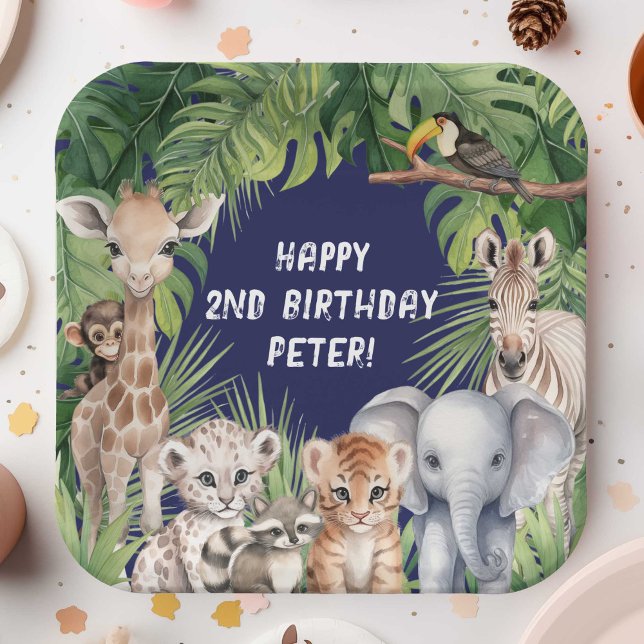 Navy blue Jungle Animal Themed Safari 2nd Birthday Paper Plate (Navy Blue Two Wild Boy 2nd Birthday party paper plates, Safari Themed Jungle animals birthday plate.)