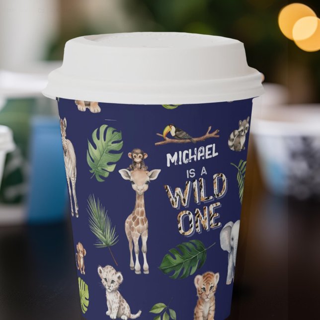 Navy Blue, Jungle animals, Safari 1st birthday Paper Cups (Navy Blue, Safari themed, jungle animals boy 1st birthday party paper cups)
