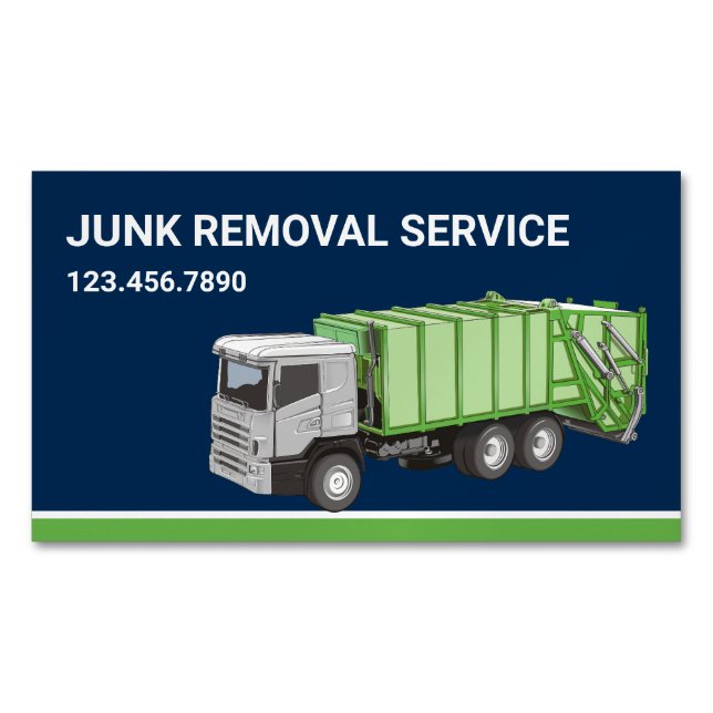 Navy Blue Junk Removal Service Garbage Truck Magnetic Business Card (Front)