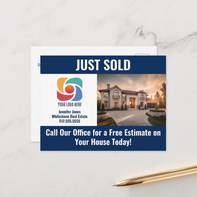 Navy Blue Just Sold Real Estate Company Logo Postcard (Front/Back In Situ)