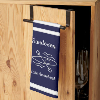 Navy Blue Kayak Monogram Name Lake house Kitchen T Tea Towel