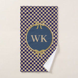 Navy Blue & Khaki Brown Checks & Monogram Hand Towel
