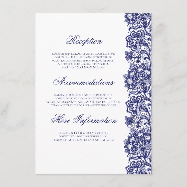 Navy Blue Lace Elegant Wedding Information Guest Enclosure Card (Front)
