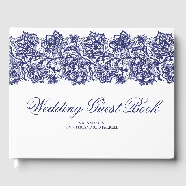 Navy Blue Lace Elegant White Wedding Guest Book (Front)
