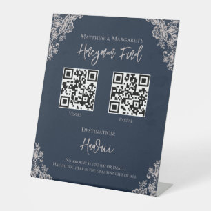 Navy Blue & Lace Honeymoon Fund Wedding QR Pedestal Sign
