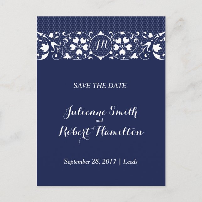 Navy Blue Lace Monogram Save the Date Postcard (Front)
