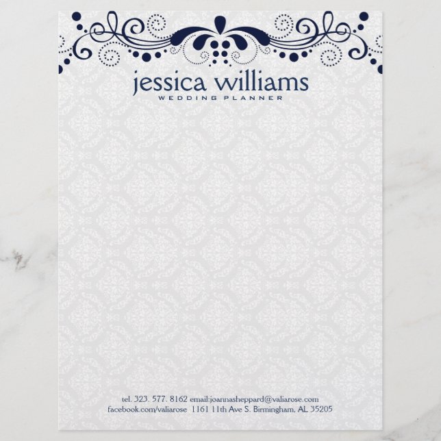 Navy-blue Lace Over White Damasks Background Custom Letterhead (Front)