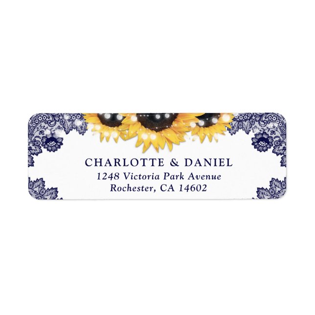 Navy Blue Lace Rustic Sunflower Return Address (Front)