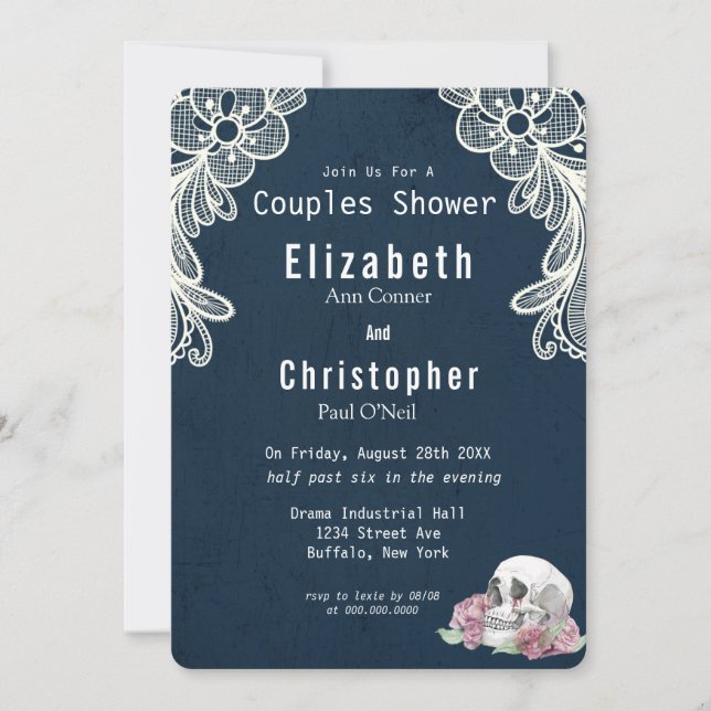 Navy Blue Lace Skull Pink Roses Couples Shower Invitation (Front)