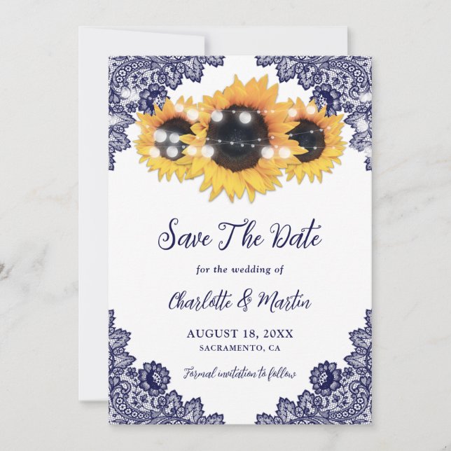 Navy Blue Lace Sunflower Wedding Save The Date (Front)