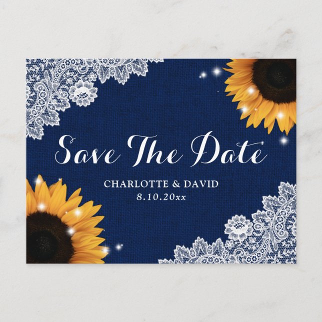 Navy Blue Lace Sunflower Wedding Save The Date Announcement Postcard (Front)