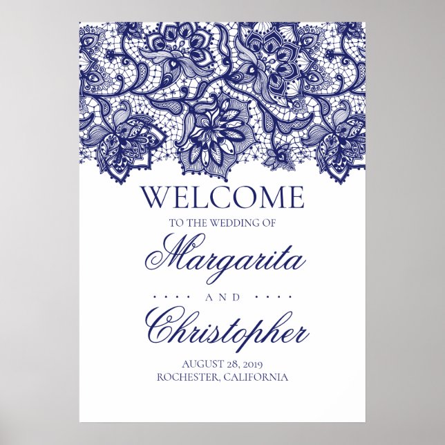 Navy Blue Lace Wedding Welcome Sign (Front)