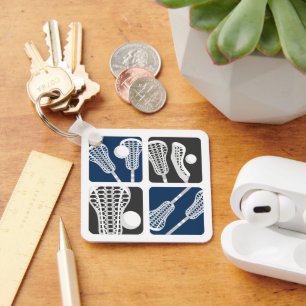 Navy Blue Lacrosse Blocks of Sticks and Balls Key Ring