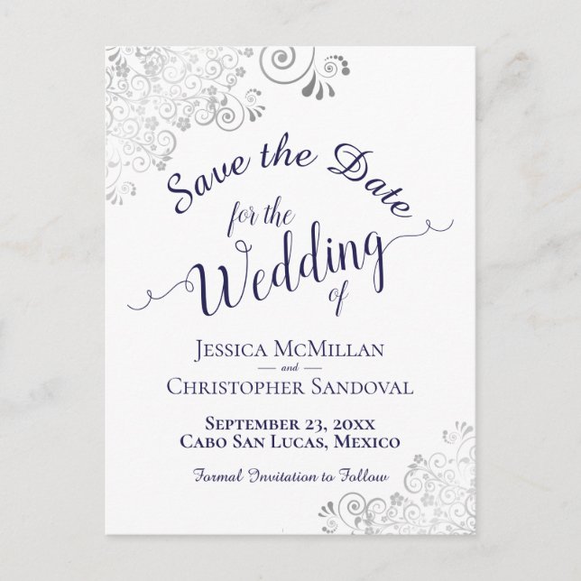 Navy Blue Lacy Silver Wedding Save the Date White Announcement Postcard (Front)