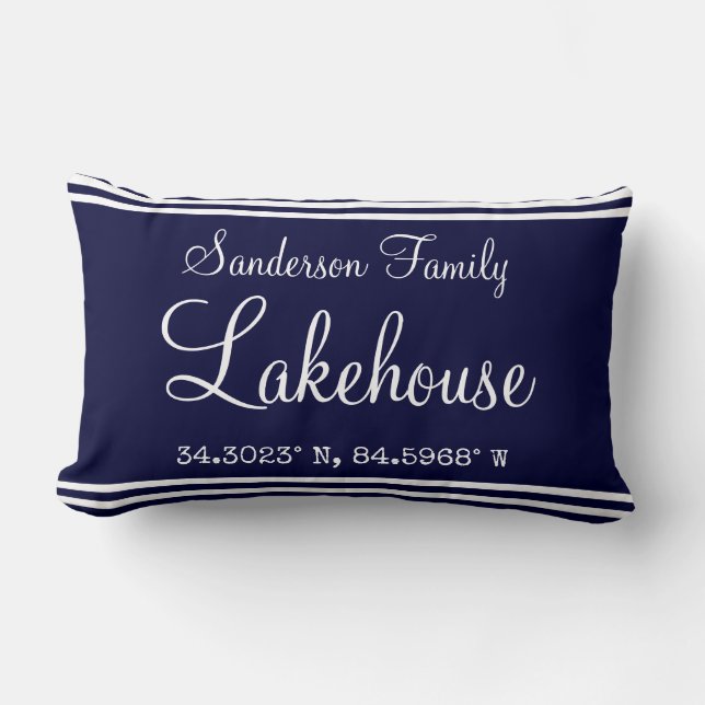 Navy Blue Lakehouse Family name  Map Corinates Lum Lumbar Cushion (Front)