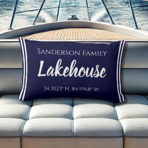 Navy Blue Lakehouse Family name  Map Corinates Lum Lumbar Cushion