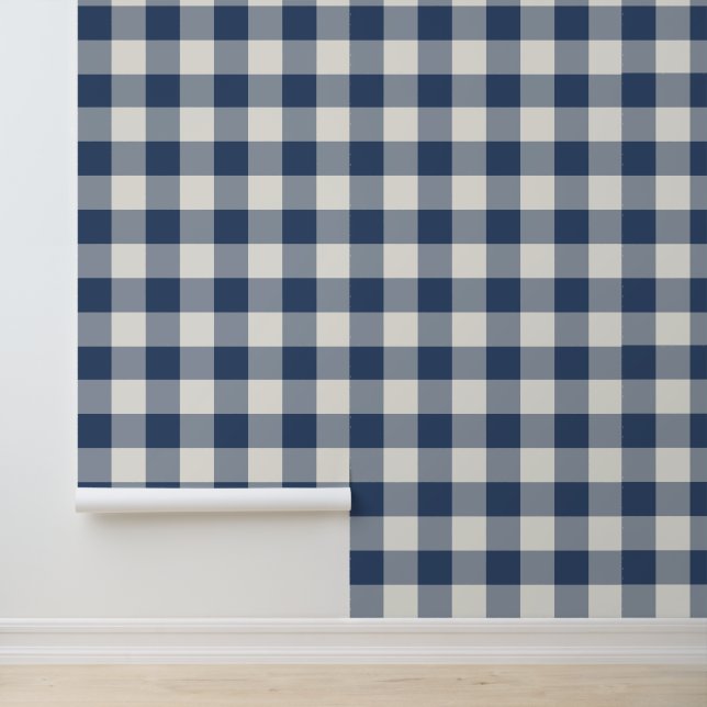 Navy Blue Large Chequered Gingham Wallpaper (Application)