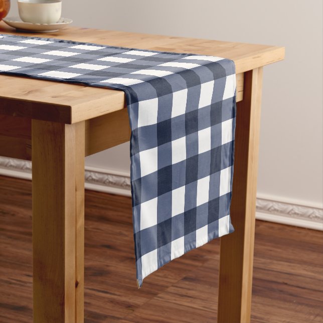 Navy Blue Large Classic Gingham Check Plaid Short Table Runner (In Situ)