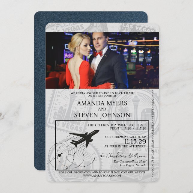 Navy Blue Las Vegas Passport Wedding Invitation (Front/Back)