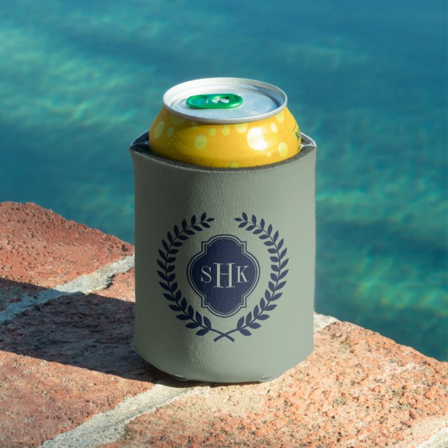 Navy-Blue Laurel Wreath Crest On Sage Green Can Cooler (In Situ Pool)