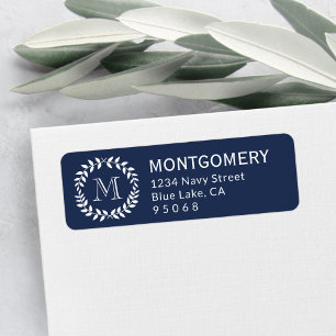 Navy Blue Laurel Wreath Monogram Return Address