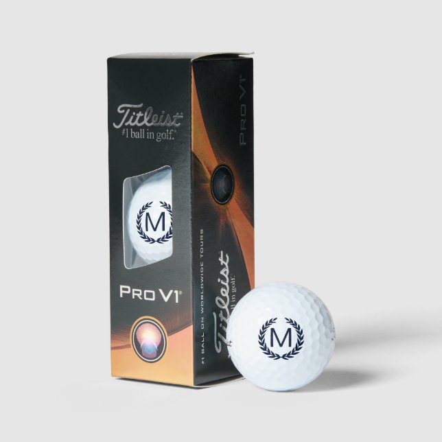 Navy Blue Laurel Wreath Monogram Titleist Pro V1 Golf Balls (Packaging)