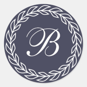 Navy Blue Laurel Wreath with Custom Monogram Classic Round Sticker