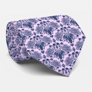 Navy Blue & Lavender Floral Damasks Pattern Tie
