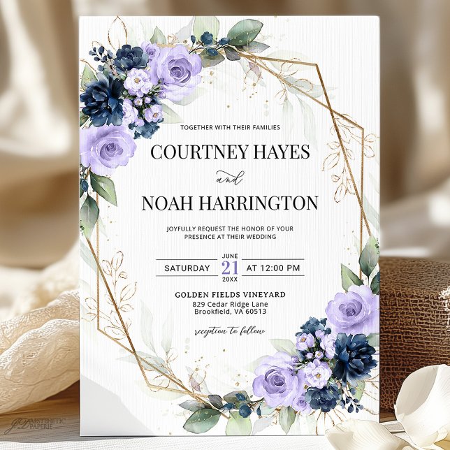 Navy Blue Lavender Purple Gold Geometric Wedding Invitation (Creator Uploaded)