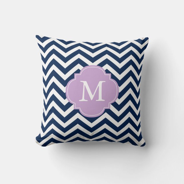 Navy Blue & Lavender Zigzags Pattern Monogram Cushion (Front)