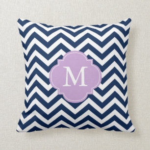 Navy Blue & Lavender Zigzags Pattern Monogram Cushion