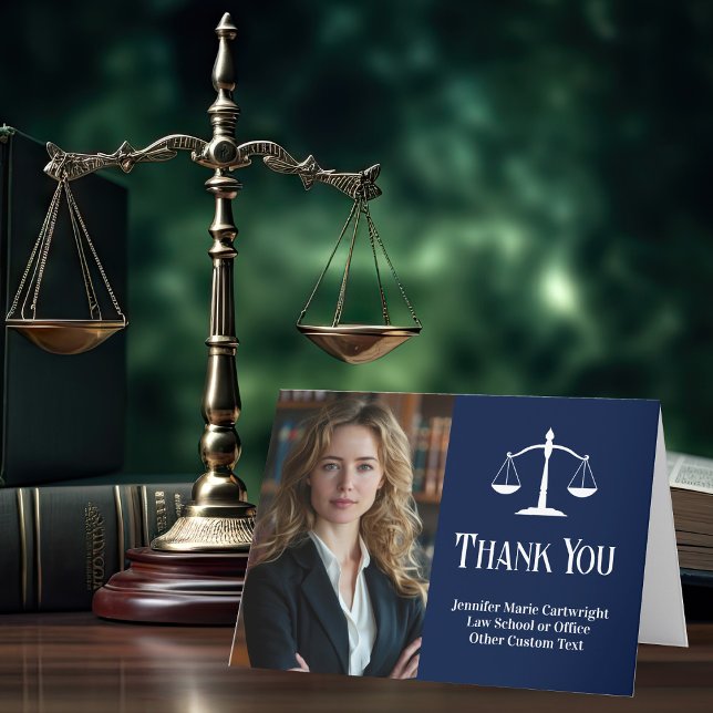 Navy Blue Law School Graduation Photo Lawyer Thank You Card (Creator Uploaded)