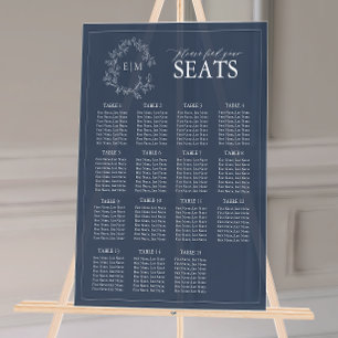 Navy Blue Leafy Crest Monogram Wedding Seating Acrylic Sign