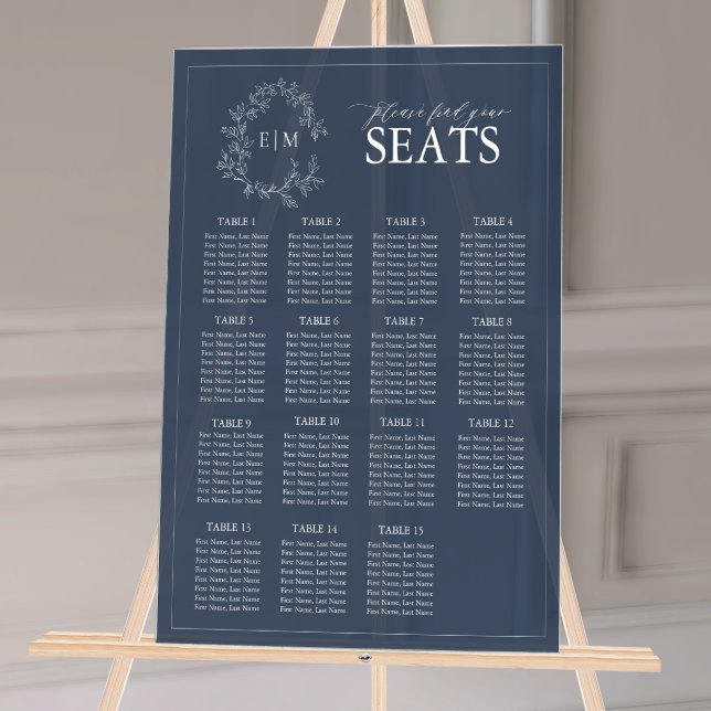 Navy Blue Leafy Crest Monogram Wedding Seating Acrylic Sign (Wedding Seating Chart!
)