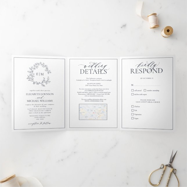 Navy Blue Leafy Crest Monogram Wedding Tri-Fold Invitation (Inside)