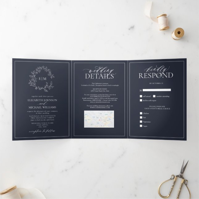 Navy Blue Leafy Crest Monogram Wedding Tri-Fold Invitation (Inside)