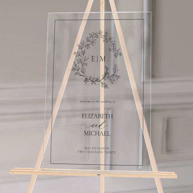 Navy Blue Leafy Crest Monogram Welcome Wedding Acrylic Sign (Wedding Welcome Sign!)