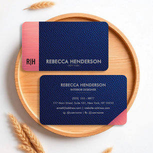 Navy Blue Leather & Blush Rose Gold Business Card