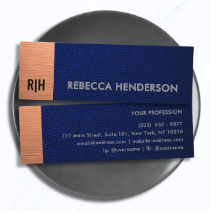 Navy Blue Leather & Metallic Copper Panel Monogram Mini Business Card