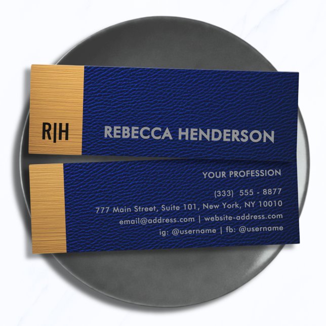 Navy Blue Leather & Metallic Gold Panel Monogram  Mini Business Card (Creator Uploaded)