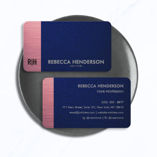 Navy Blue Leather & Metallic Pink Panel Monogram Business Card
