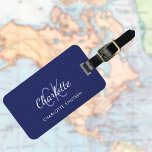 Navy blue leather white monogram name luggage tag<br><div class="desc">Navy blue faux leather print as background. Personalise and add your first name,  monogram letters and full name on the front. Your contact information on the back.  White and blue text.</div>
